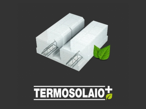 Blocco TERMOSOLAIO+ Bioisotherm in EPS Neopor&reg; con struttura in calcestruzzo armato e icona foglia verde, simbolo di sostenibilità. Soluzione per solai ad alta efficienza energetica e minore impatto ambientale. Ideale per costruzioni sostenibili e risparmio energetico.