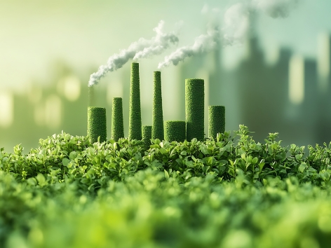 Immagine di un paesaggio urbano con grattacieli ricoperti di vegetazione verde, simbolizzando la sostenibilità ambientale e l'architettura ecologica. Ideale per rappresentare l'approccio sostenibile di Bioisotherm nel settore edilizio. Sullo sfondo, una città sfocata.